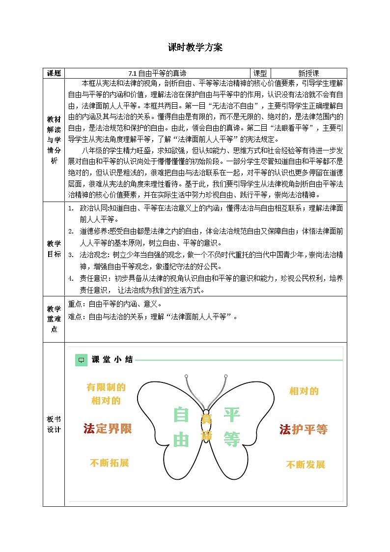 7.1自由平等的真谛 教案  -2024-2025学年统编版道德与法治八年级下册第1页