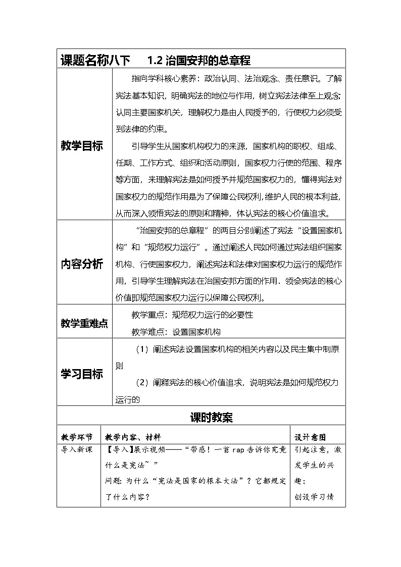 1.2 治国安邦的总章程   教案 -2024-2025学年统编版道德与法治八年级下册第1页