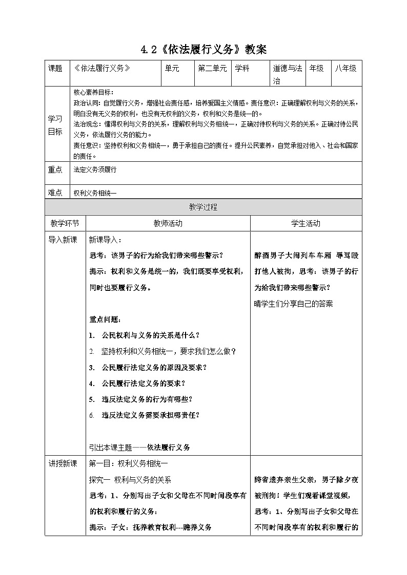 4.2 依法履行义务 教学设计 -2024-2025学年统编版道德与法治八年级下册  逐字稿第1页