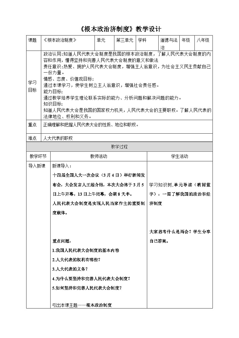 5.1 根本政治制度 教学设计 -2024-2025学年统编版道德与法治八年级下册第1页