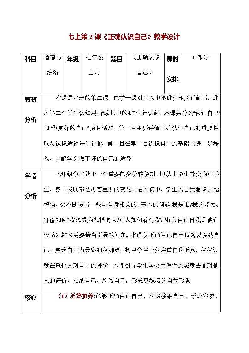 人教部编版（五四制）道法六年级全册 2.1《正确认识自我》教案第1页