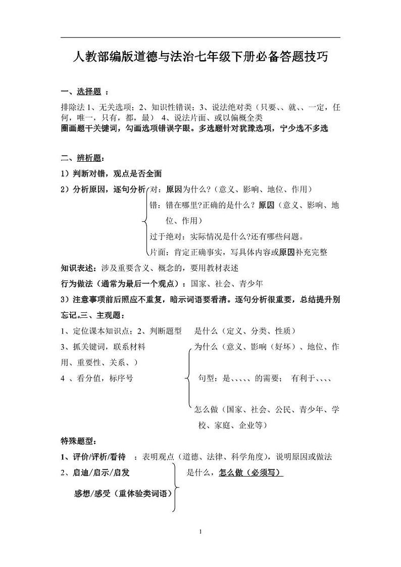 人教部编版道德与法治七年级下册【七下道法】期末复习必备答题技巧学案第1页