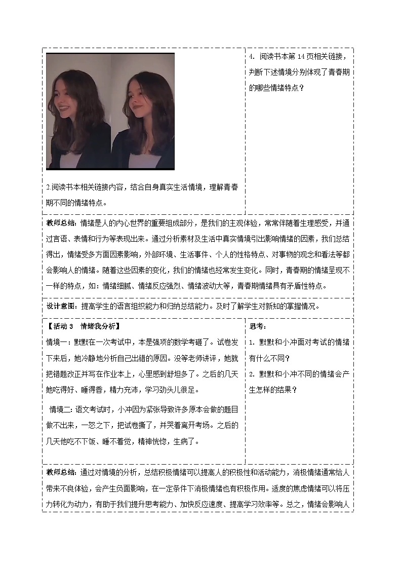 揭开情绪的面纱 教学设计 道德与法治人教版（2024）七年级下册第3页