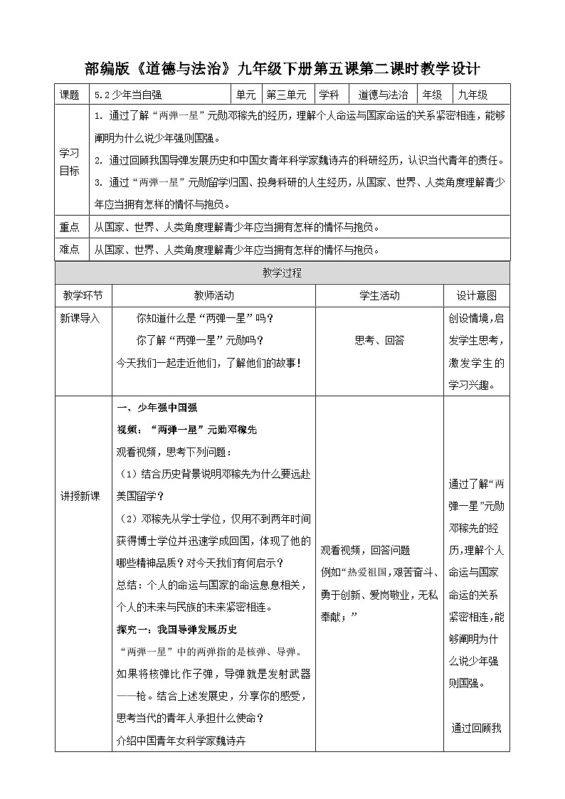 5.2少年当自强（教学设计）2024-2025道德与法治九年级下册  统编版第1页