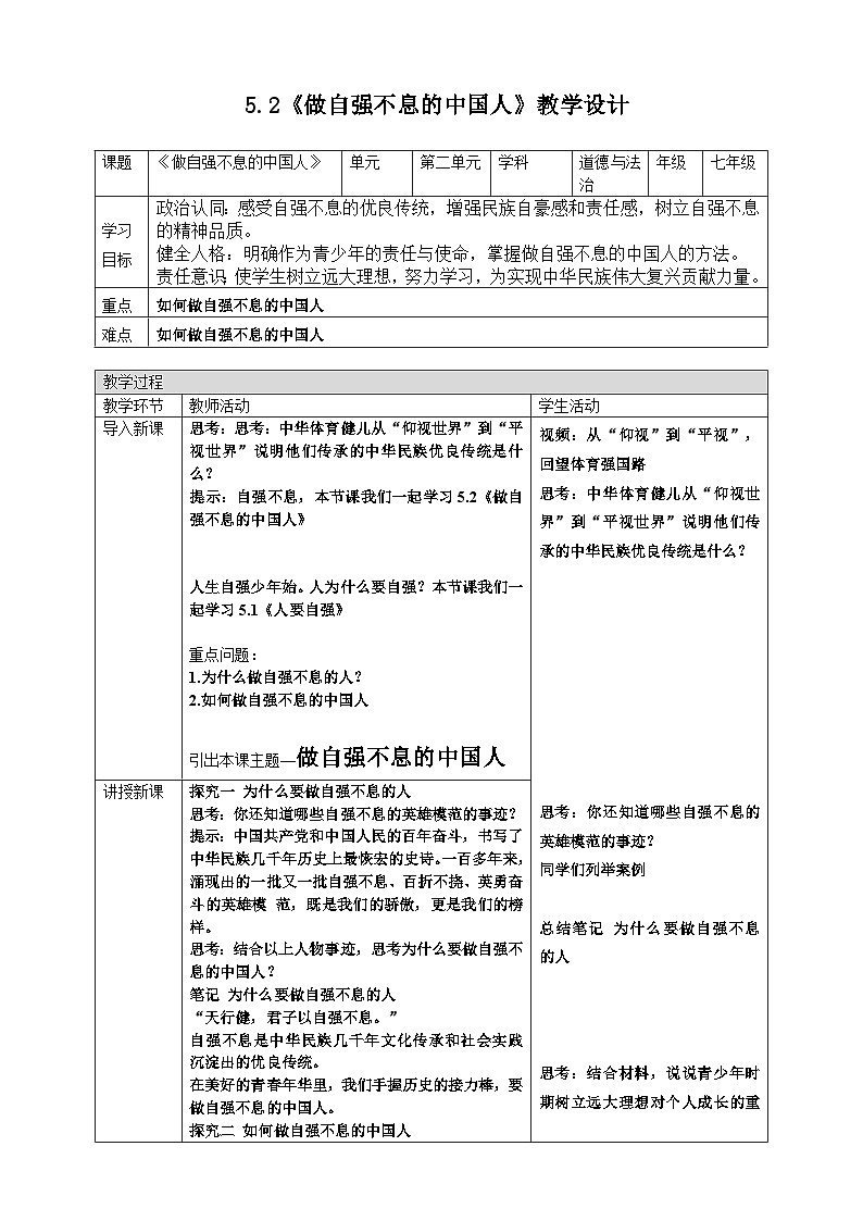 5.2做自强不息的中国人 （教学设计）2024-2025学年统编版道德与法治七年级下册第1页