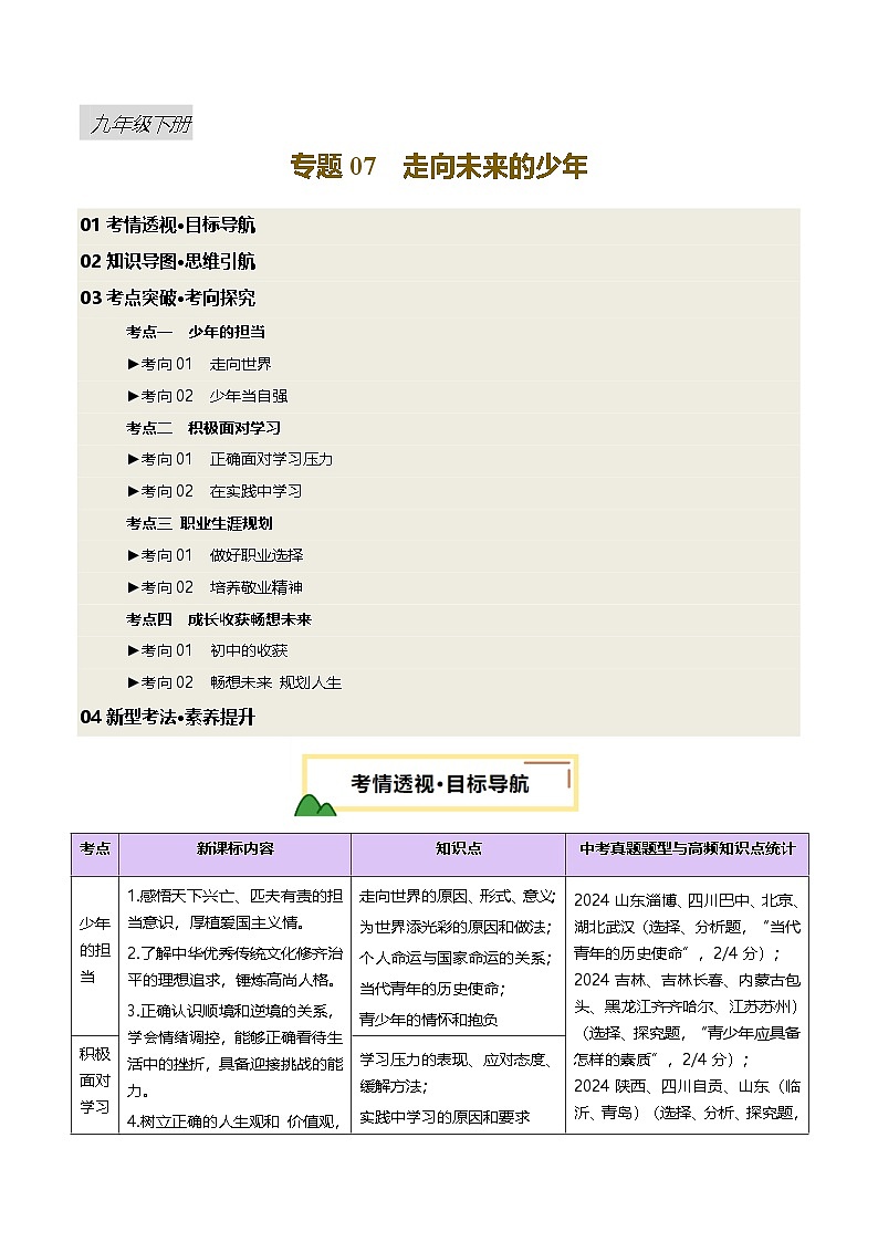 2025年中考道德与法治一轮复习 专题07 走向未来的少年 讲义第1页