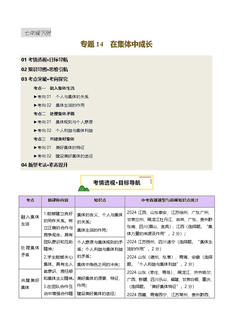 2025年中考道德与法治一轮复习 专题14 在集体中成长 讲义第1页