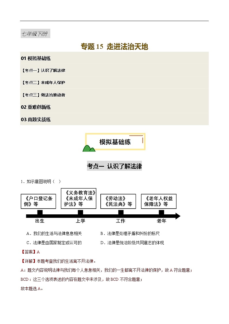 2025年中考道德与法治一轮复习 专题15 走进法治天地（练习）（解析版）第1页
