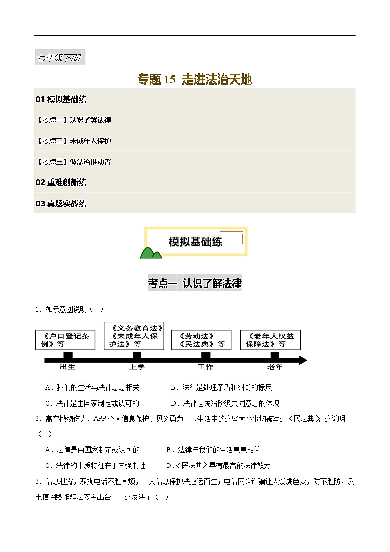 2025年中考道德与法治一轮复习 专题15 走进法治天地（练习）第1页