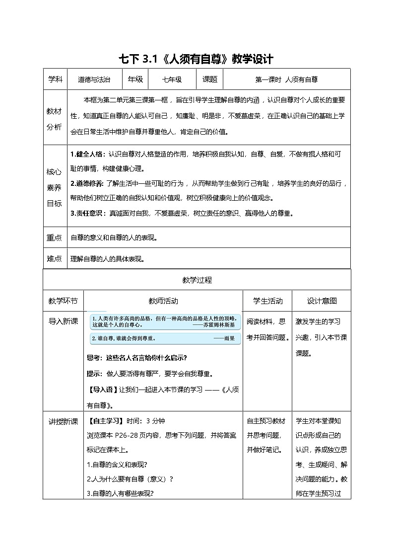3.1《人须有自尊》教学设计第1页