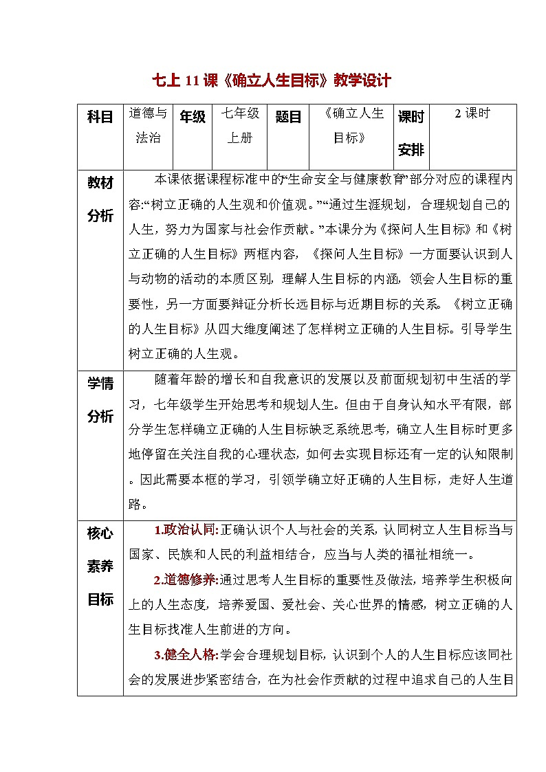 第十一课  确立人生目标（教学设计）第1页
