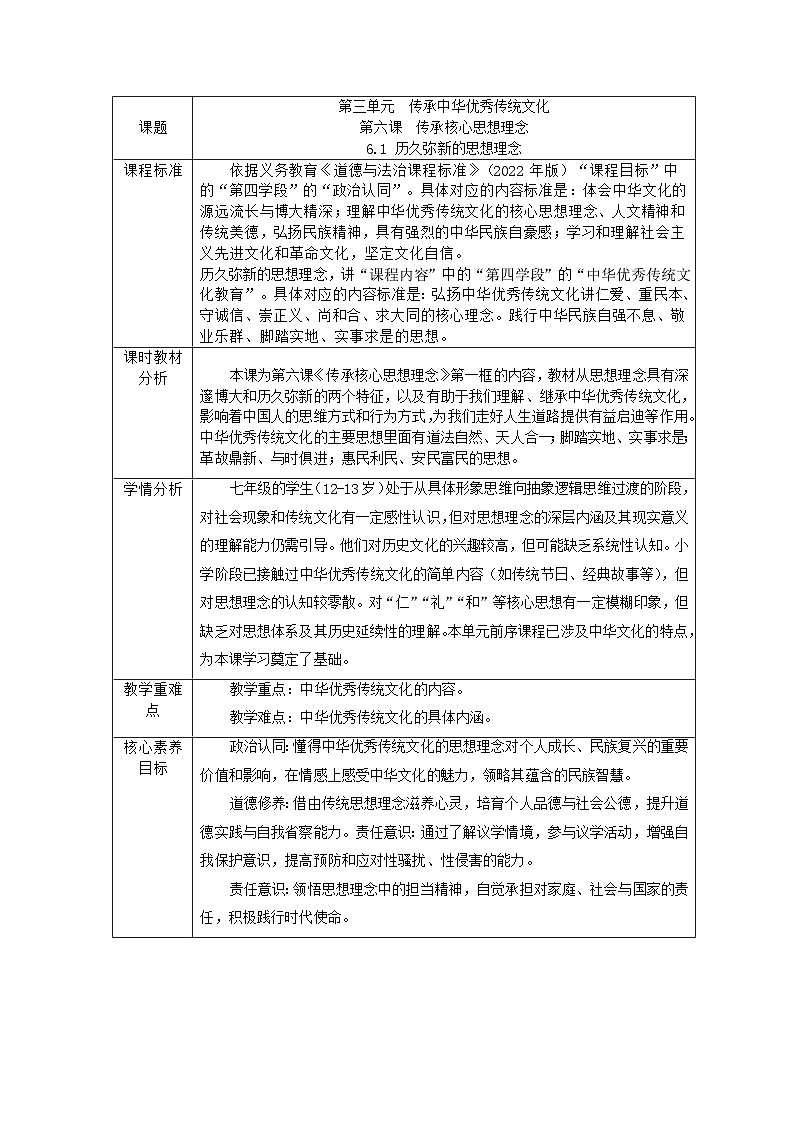 部编人教版初中道德与法治七年级下册6.1  历久弥新的思想理念 教学设计第1页