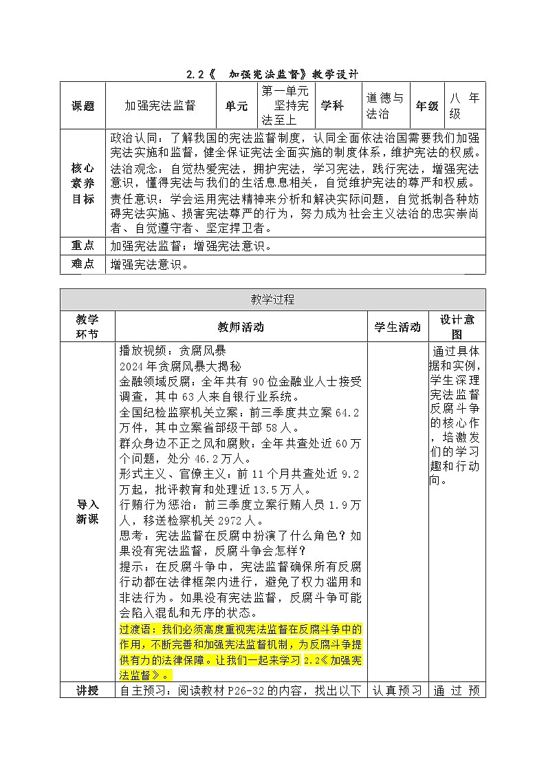 2.2《加强宪法监督 》  教学设计- 2024-2025学年统编版道德与法治八年级下册第1页
