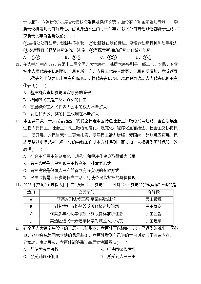 2024-2025上九年级政治适应性练习试题第3页