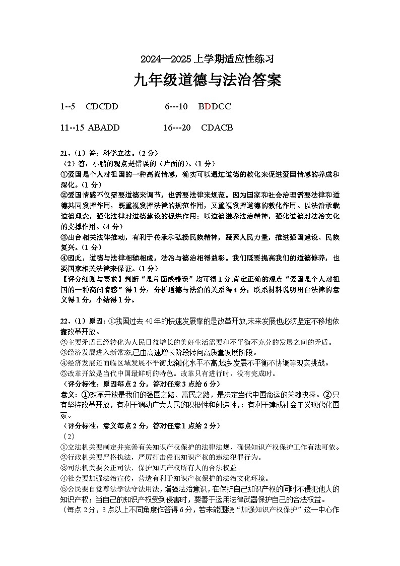 2024-2025上九年级政治适应性练习答案第1页
