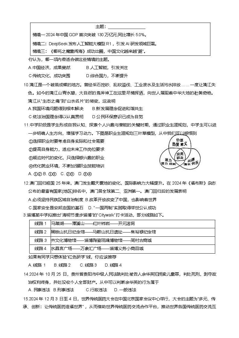 2025年山东省淄博市张店区中考一模道德与法治试题（含答案）第3页