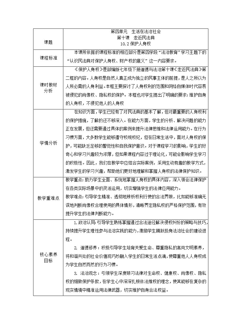 部编人教版初中道德与法治七年级下册10.2保护人身权  教学设计第1页