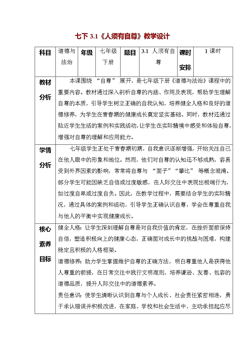 3.1 人须有自尊（教学设计） -2024-2025学年统编版道德与法治七年级下册第1页