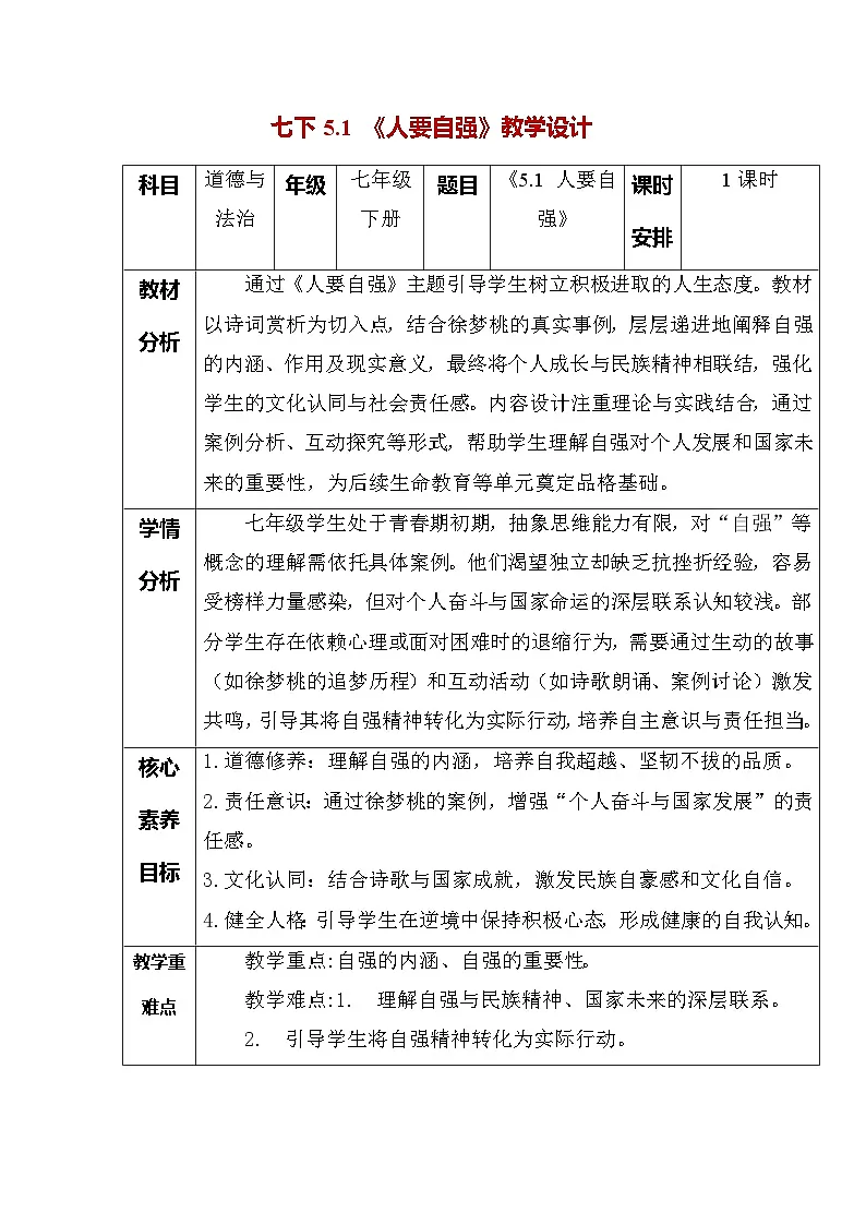 5.1 人要自强（教学设计） -2024-2025学年统编版道德与法治七年级下册第1页