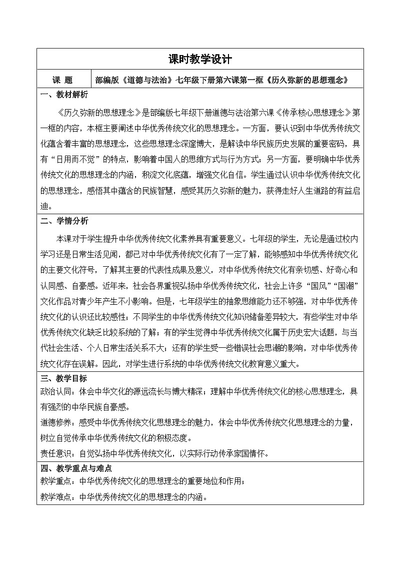 6.1历久弥新的思想理念 同步教案 -2024-2025学年统编版道德与法治七年级下册第1页