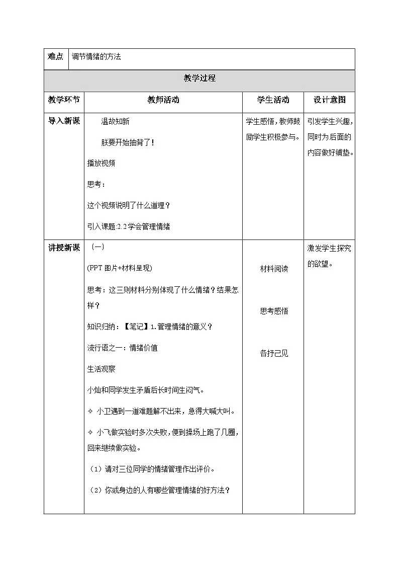 新人教版道法七下 1-2-2《学会管理情绪》教学设计第3页