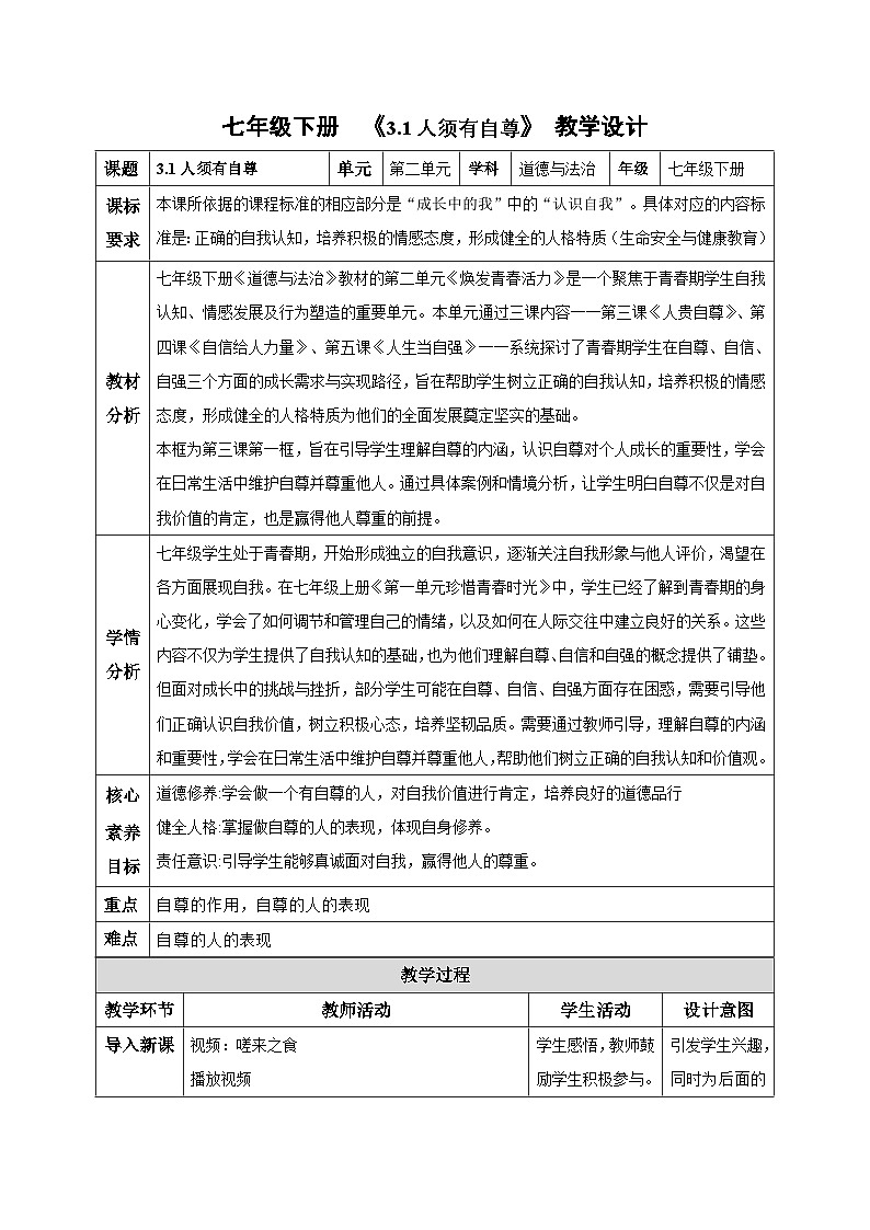 新人教版道法七下 2-3-1人须有自尊 教学设计第1页