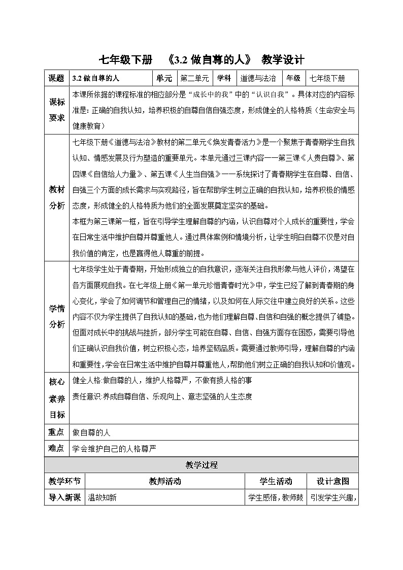 新人教版道法七下 2-3-2做自尊的人 教学设计第1页