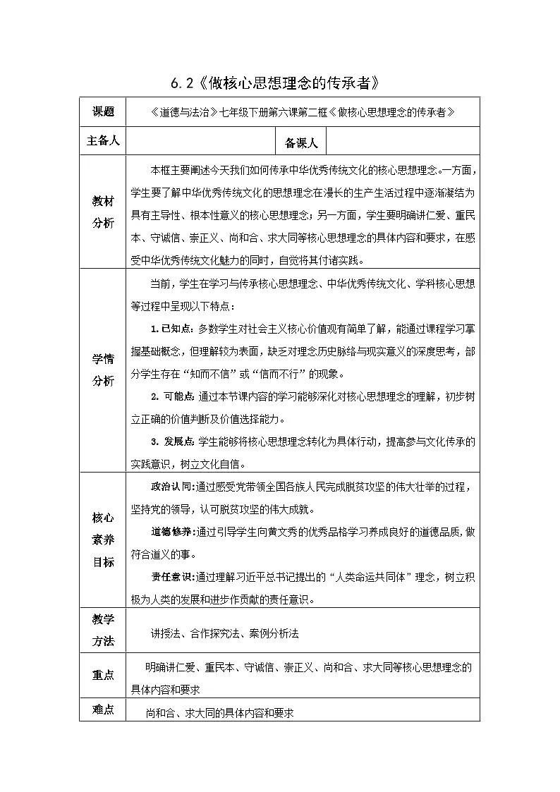 部编人教版初中《道德与法治》七年级下册 6.2做核心思想理念的传承者教学设计第1页