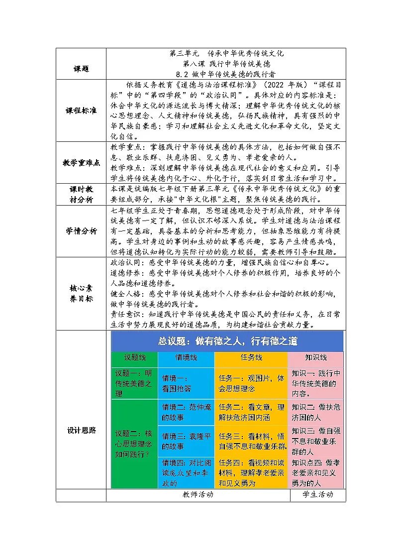 部编人教版初中道德与法治 7年级下册8.2做中华传统美德的践行者 教学设计第1页