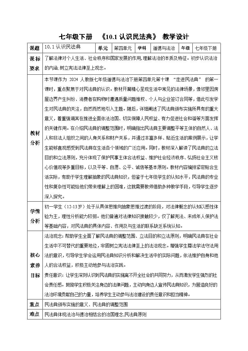 10.1认识民法典（教学设计）- 2024-2025学年七年级道德与法治下册（统编版）第1页