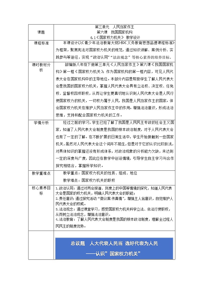 部编人教版初中道德与法治八年级下册6.1国家权力机关  教学设计第1页