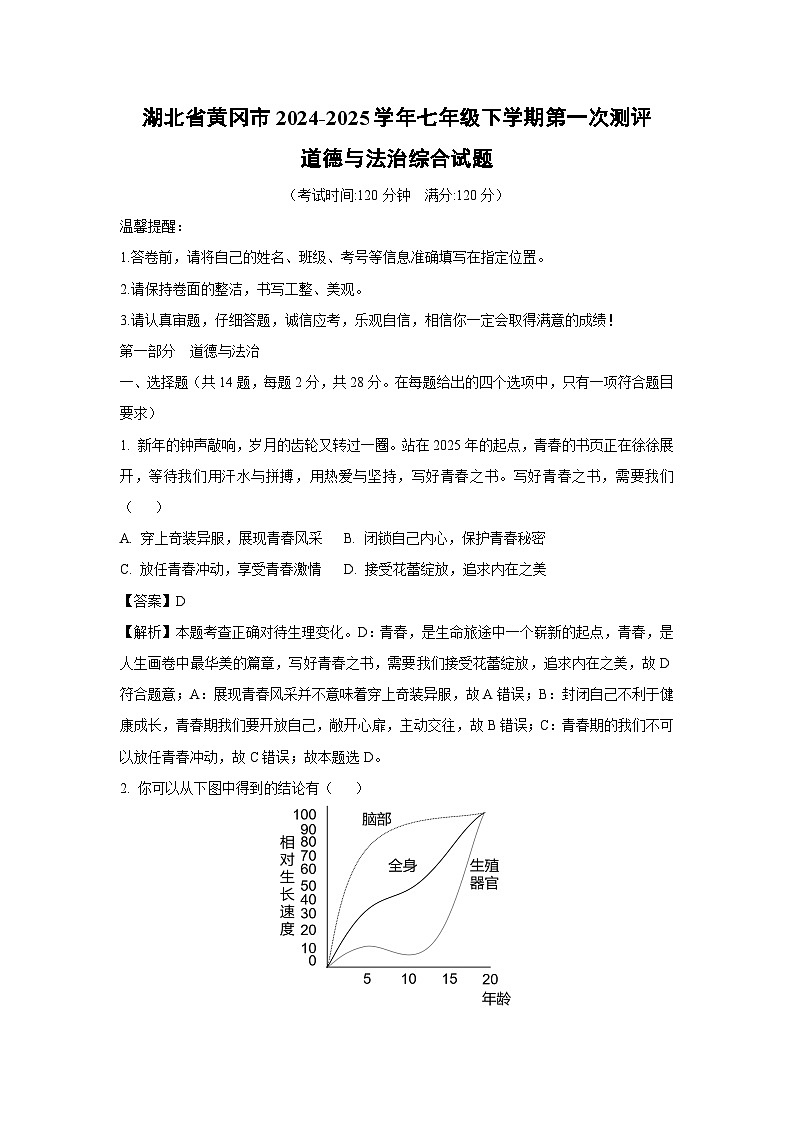 湖北省黄冈市2024-2025学年七年级下学期第一次测评综合月考道德与法治试卷（解析版）第1页
