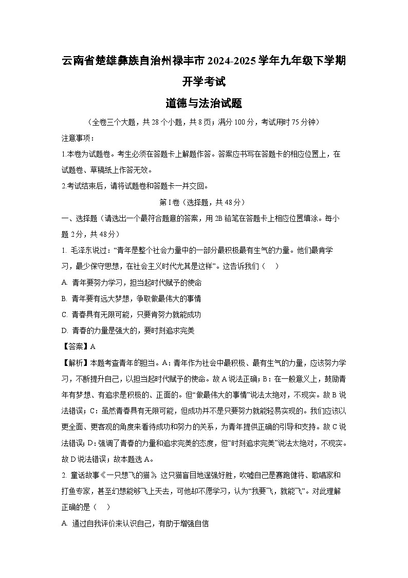 云南省楚雄彝族自治州禄丰市2024-2025学年九年级下学期开学考试道德与法治试卷（解析版）第1页