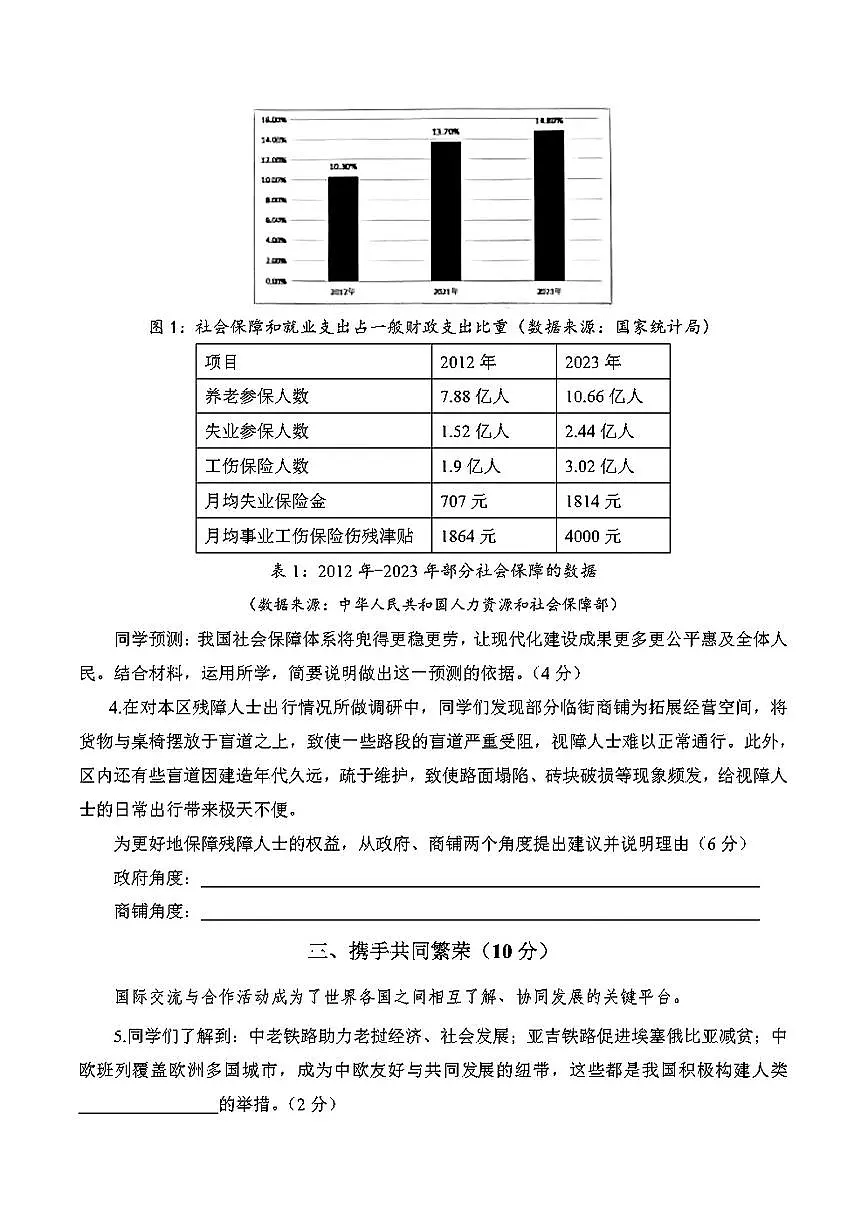 初中道法2025上海杨浦区中考二模试卷附答案第2页