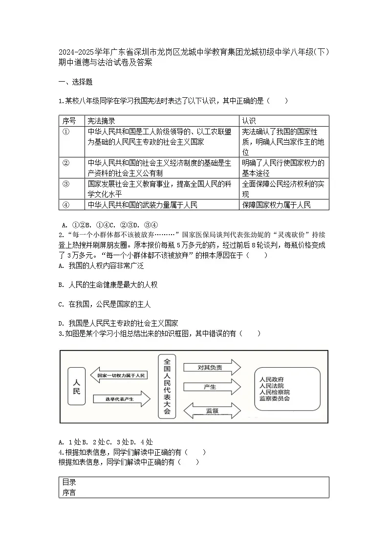 2024-2025学年广东省深圳市龙岗区龙城中学教育集团龙城初级中学八年级（下）期中道德与法治试卷及答案第1页