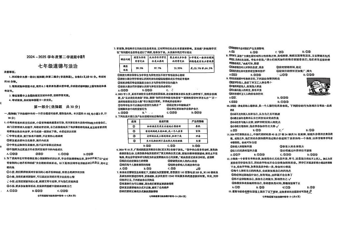 陕西省渭南市部分学校2024-2025学年七年级下道德与法治期中试卷第1页