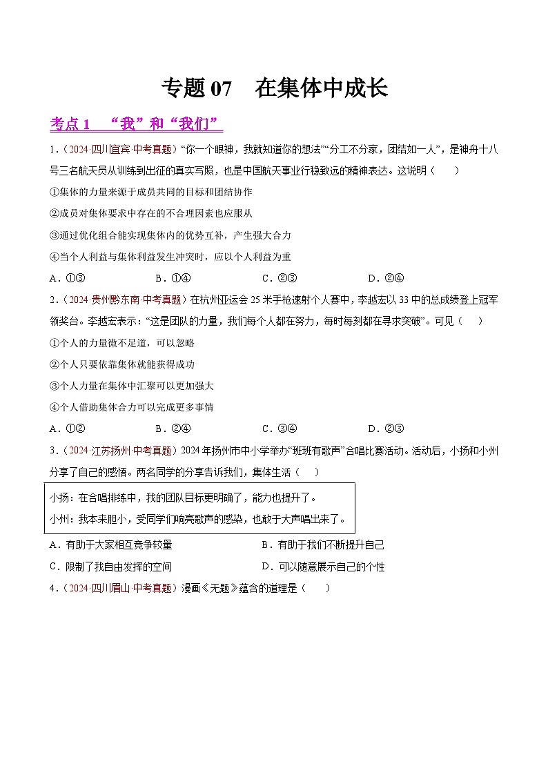 备战2025年中考道德与法治真题分类汇编（全国通用）专题07在集体中成长（学生版）第1页