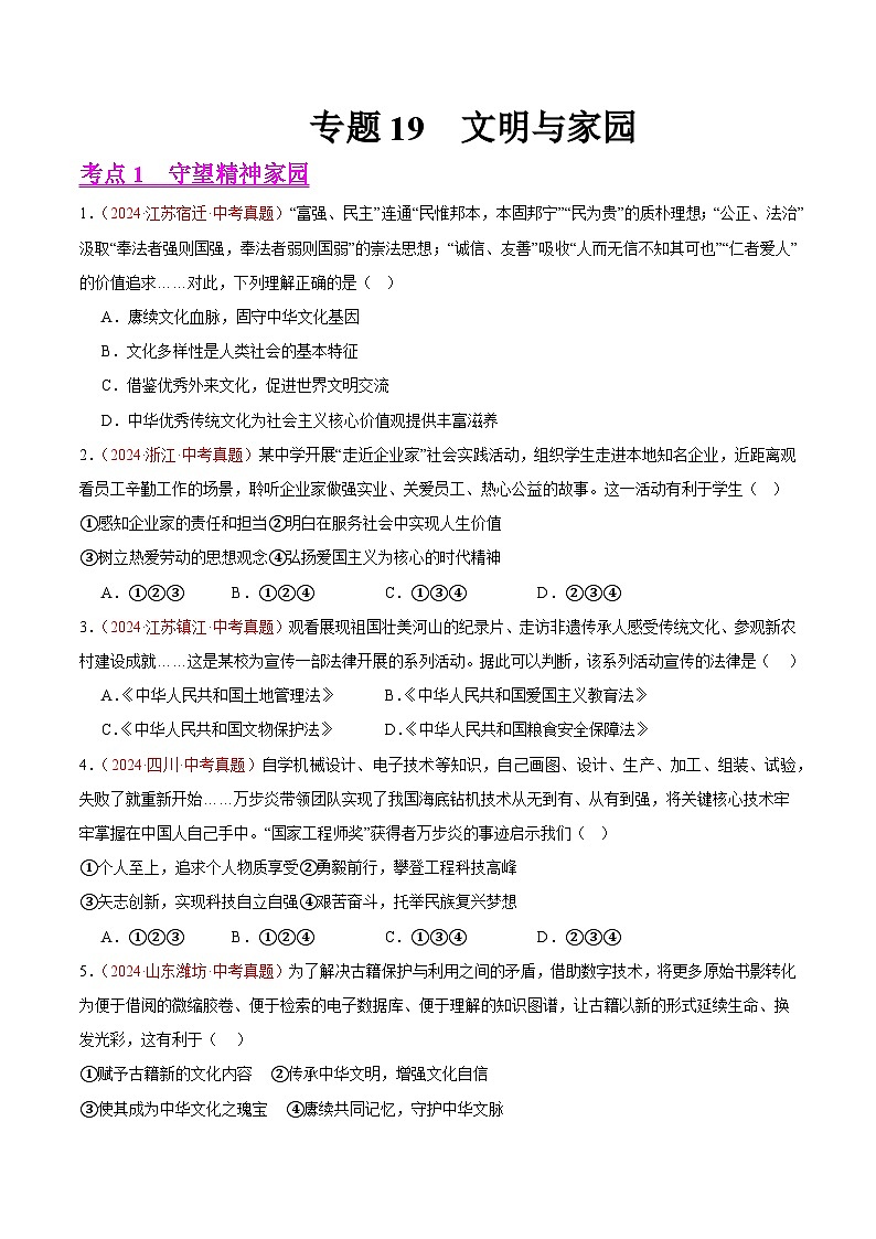 备战2025年中考道德与法治真题分类汇编（全国通用）专题19文明与家园（第02期）（学生版）第1页