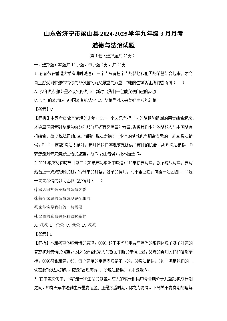 山东省济宁市梁山县2024-2025学年九年级下3月月考道德与法治试题（解析版）第1页