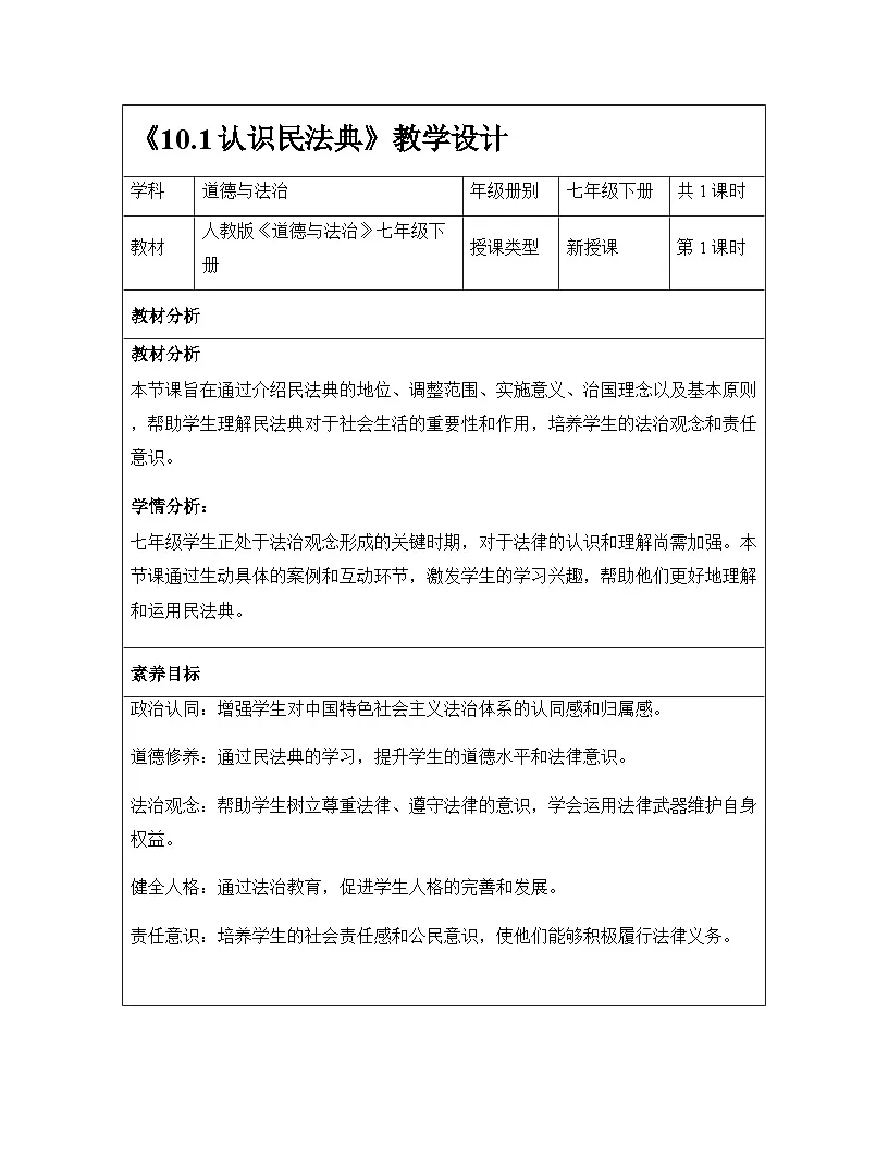 10.1 认识民法典（教学设计）2024-2025学年七年级道德与法治下册（统编版2024）第1页