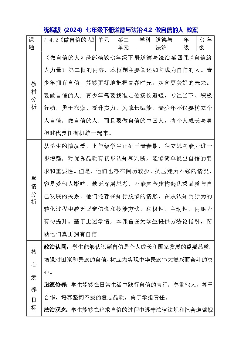 统编版（2024）七年级下册道德与法治4.2 做自信的人 教案第1页