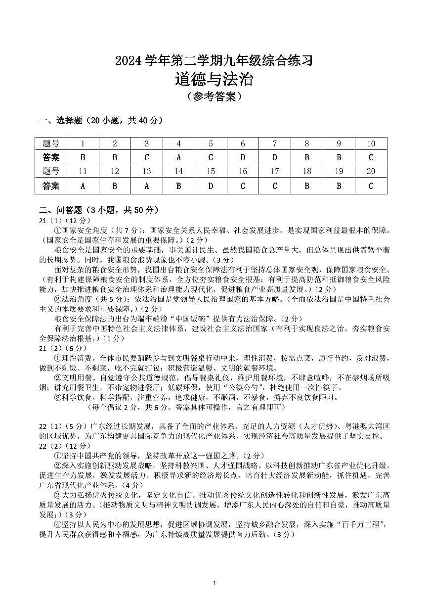 2024第二学期九年级综合练习（道德与法治）参考答案第1页