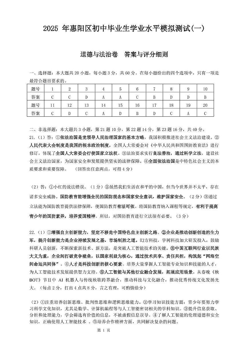 道法试题及答题卡 2025年惠阳区道法 一模参考答案第1页