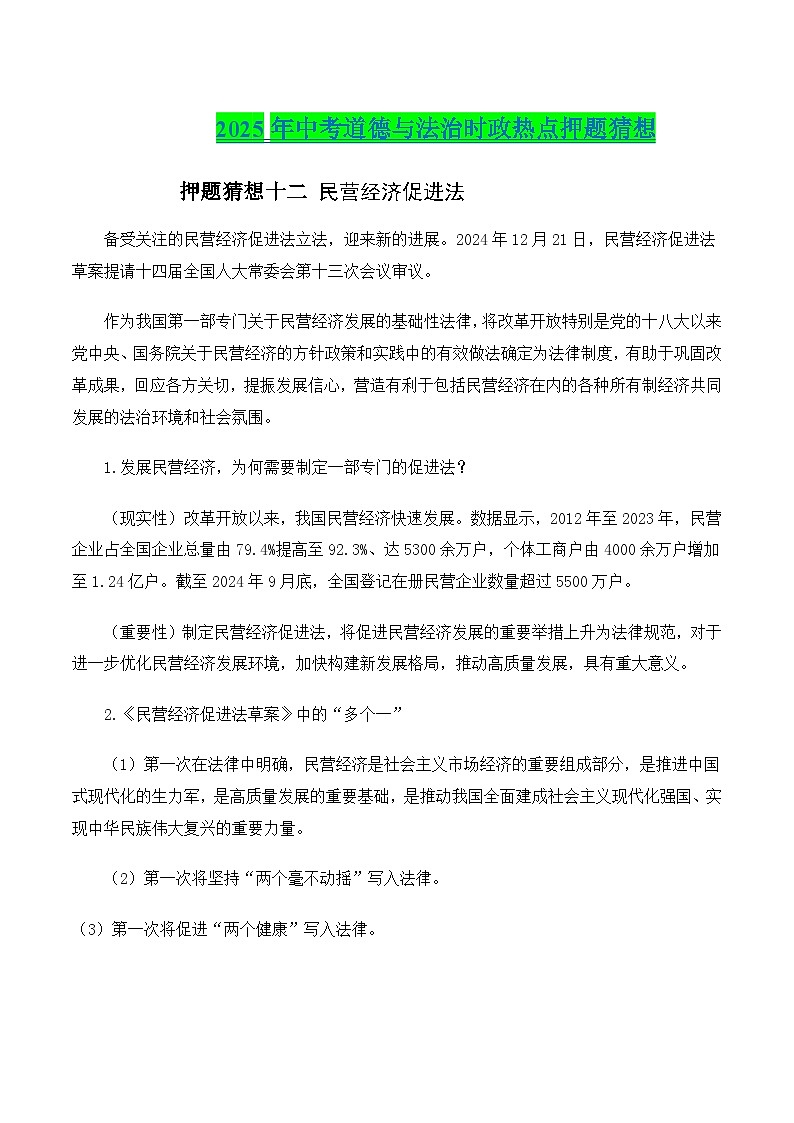 2025年中考政治时政热点（通用版）押题猜想十二民营经济促进法（时政猜想）(教师版)第1页