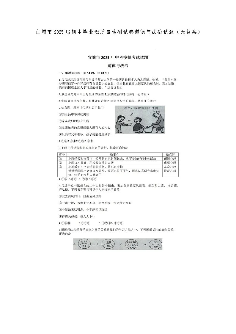 湖北省宜城市2025年5月模拟考试九年级道德与法治试题及答案（二模）第1页