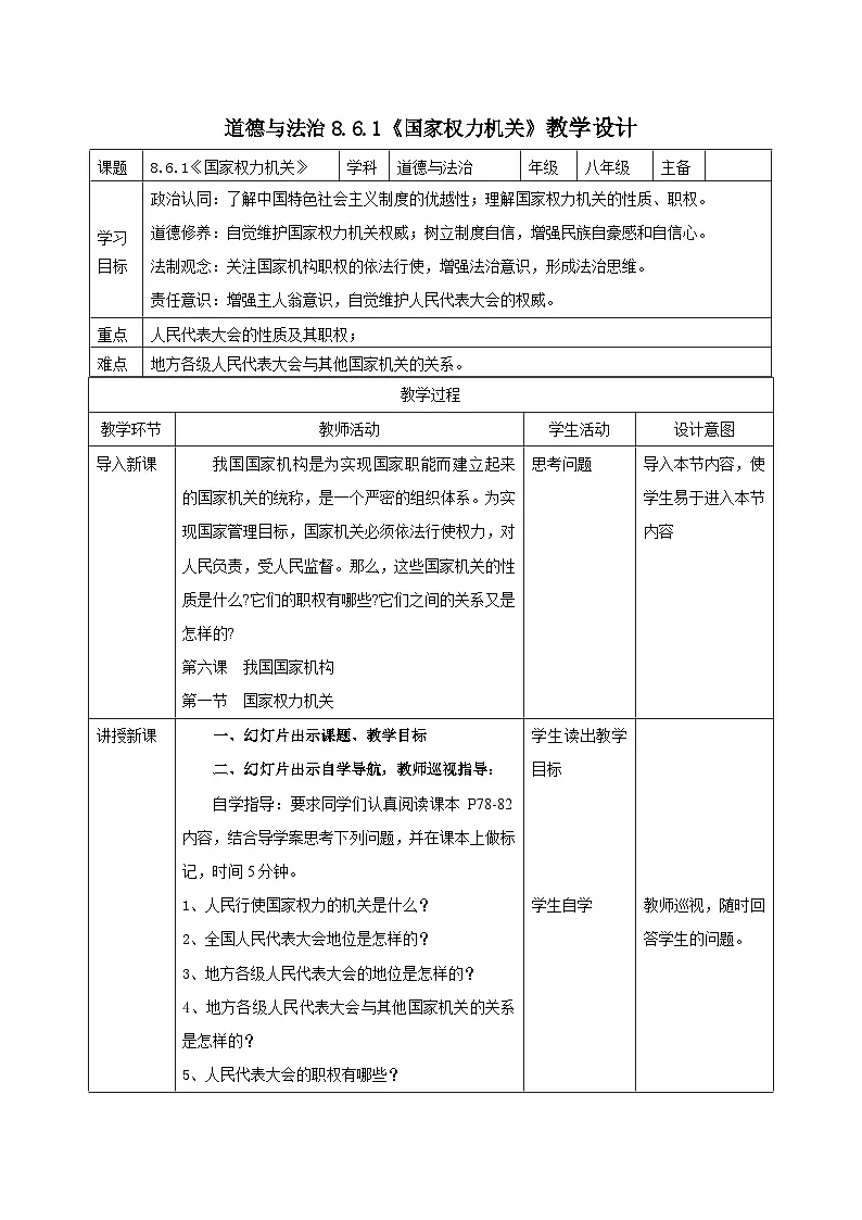 部编人教版初中道德与法治八年级下册 6.1国家权力机关 教学设计第1页
