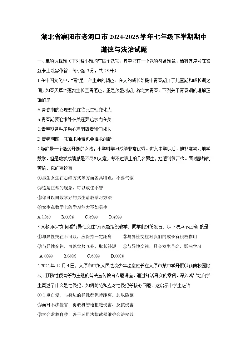 湖北省襄阳市老河口市2024-2025学年七年级下学期期中道德与法治试题第1页