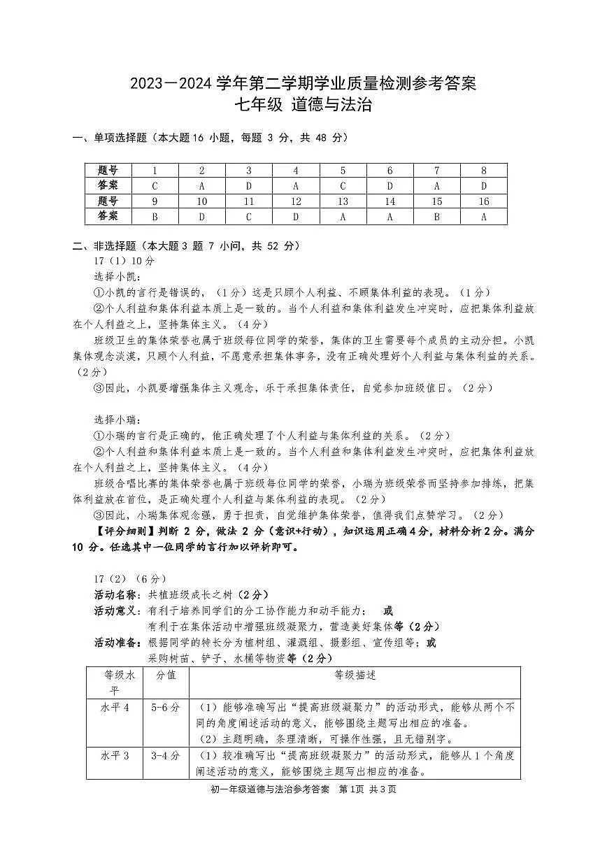 参考答案：七年级《道德与法治》202407第1页