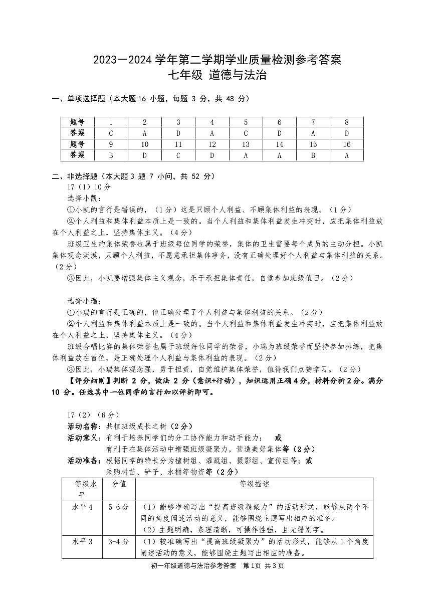 参考答案：七年级《道德与法治》202407第1页