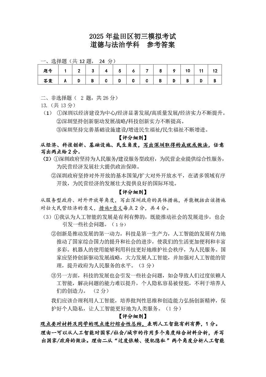 2025年4月深圳市盐田区初三二模道法试卷答案第1页